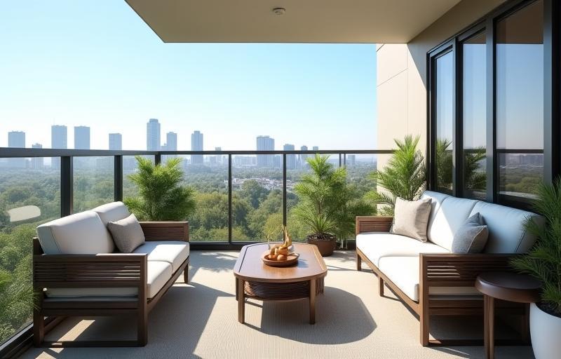 Varanda com assentos com vista para a cidade ou a natureza.