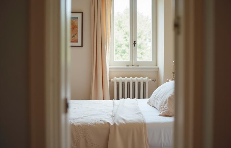 Quarto aconchegante com roupas de cama limpas e uma vista.