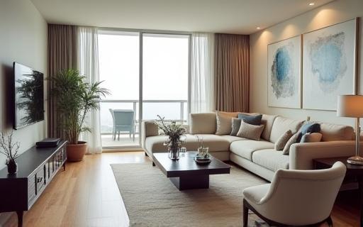 Vista interior de uma sala de estar luxuosa em um imóvel de temporada.