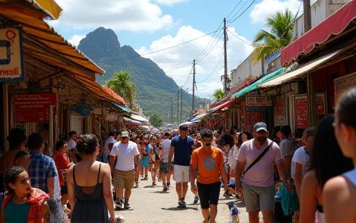 Pessoas aproveitando uma feira de rua vibrante no Rio de Janeiro.