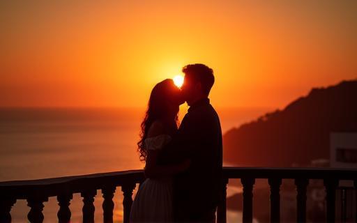 Casal assistindo ao pôr do sol de uma varanda com vista para a praia no Rio.